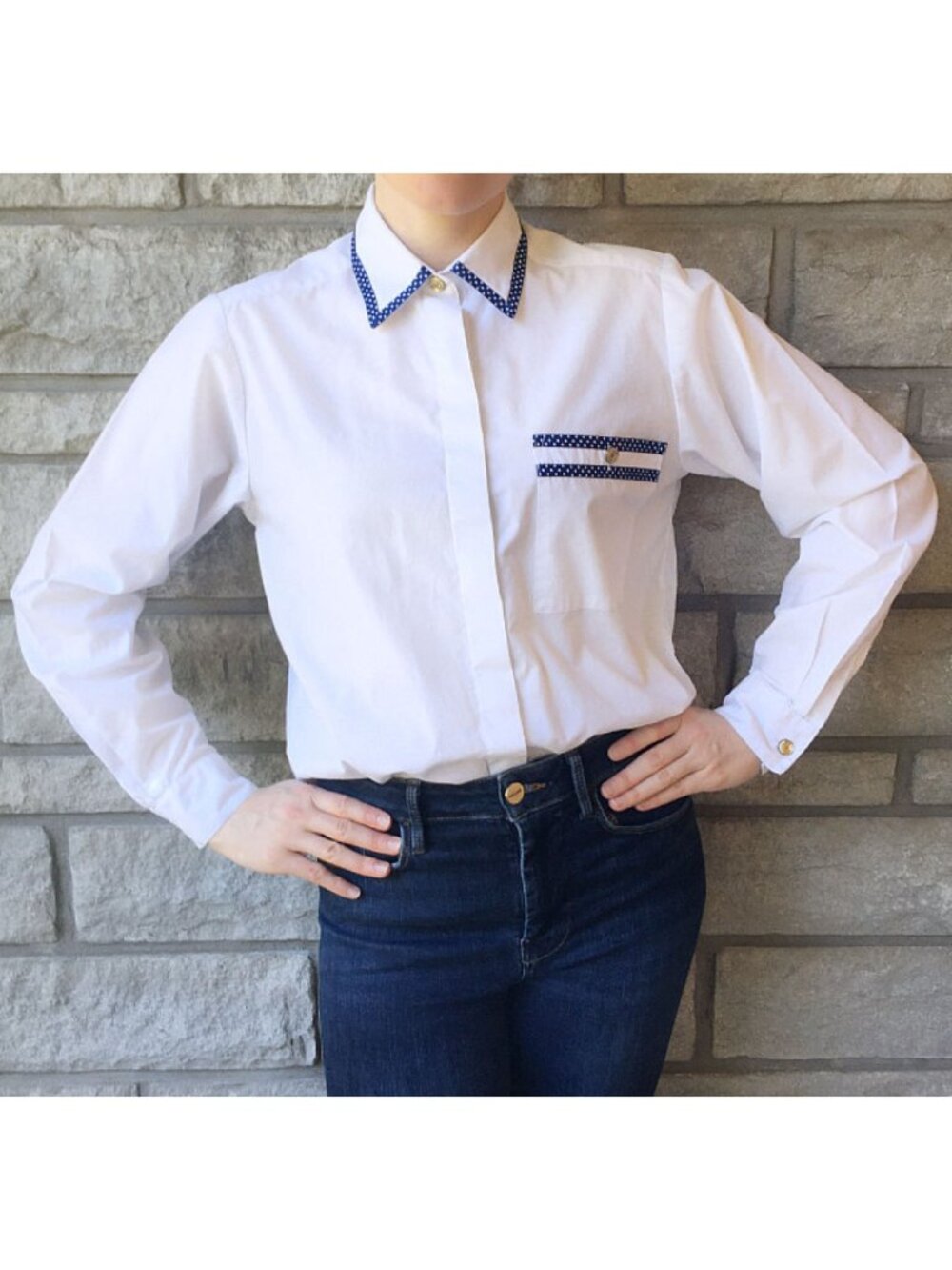 Vintage Blue Trimmed White Button Down Top